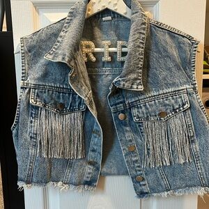 Denim Blue Fringe Bride No Sleeve Vest Jacket